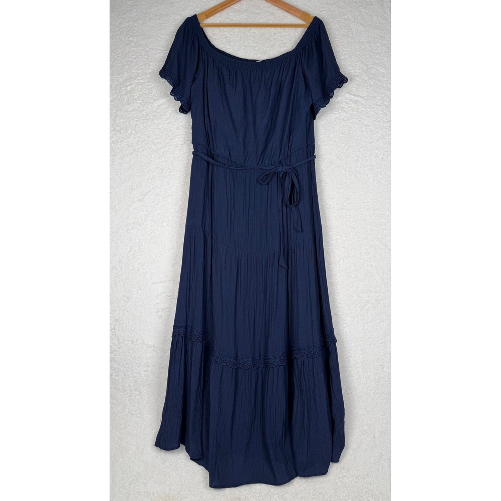 Luxology Maxi Dress XL Navy Blue Boho Crochet Lace Tiered Belted Off Shoulder